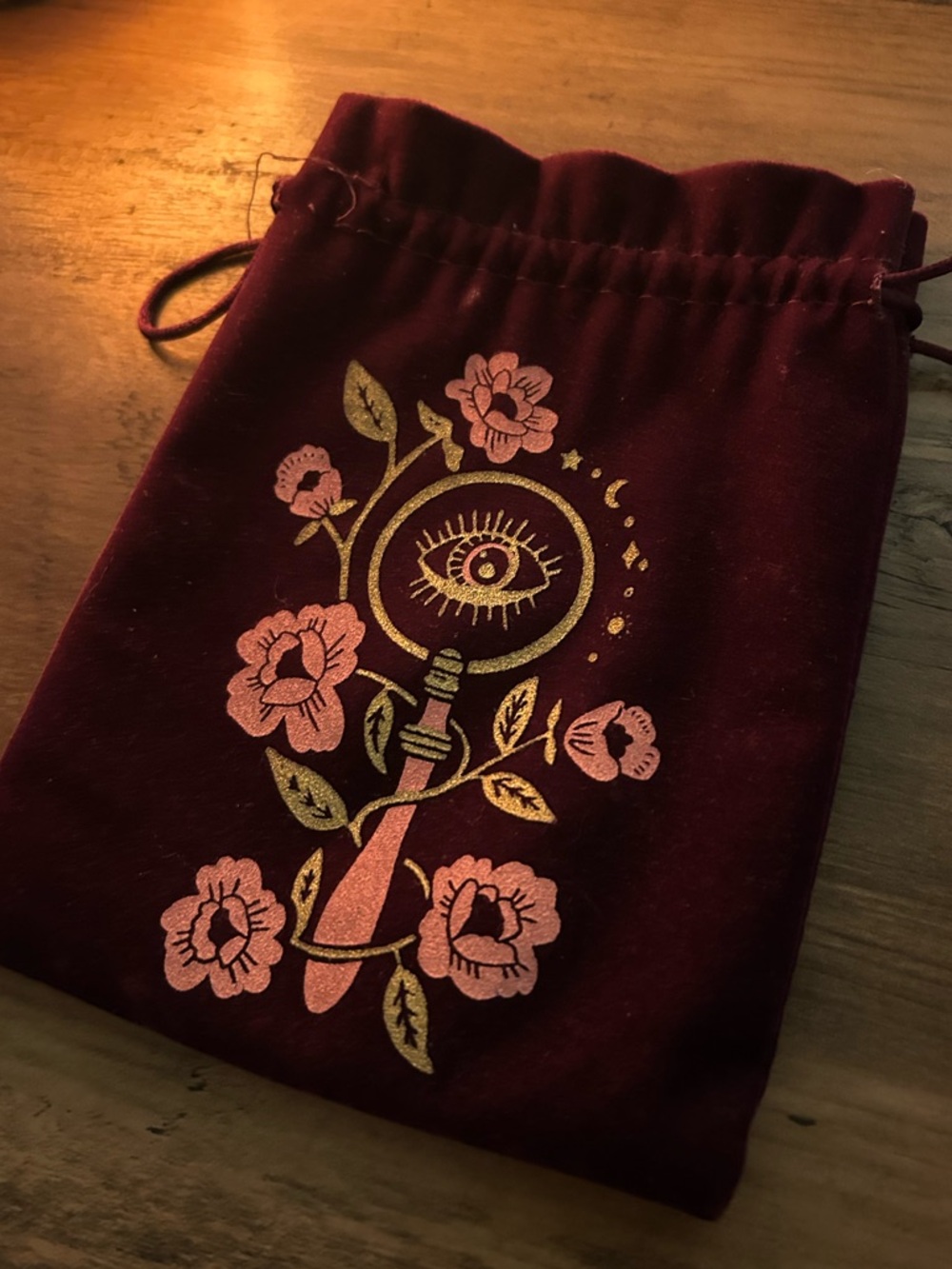 Velvet Drawstring Pouch with Mystical Floral Print - Burgundy